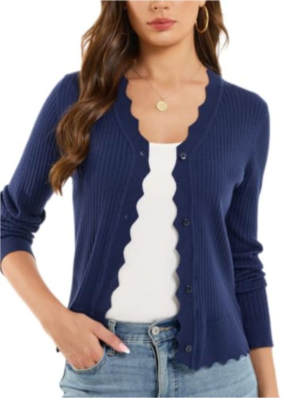Scalloped V Neck Button Down Ribbed Knit Cardigan Sweater